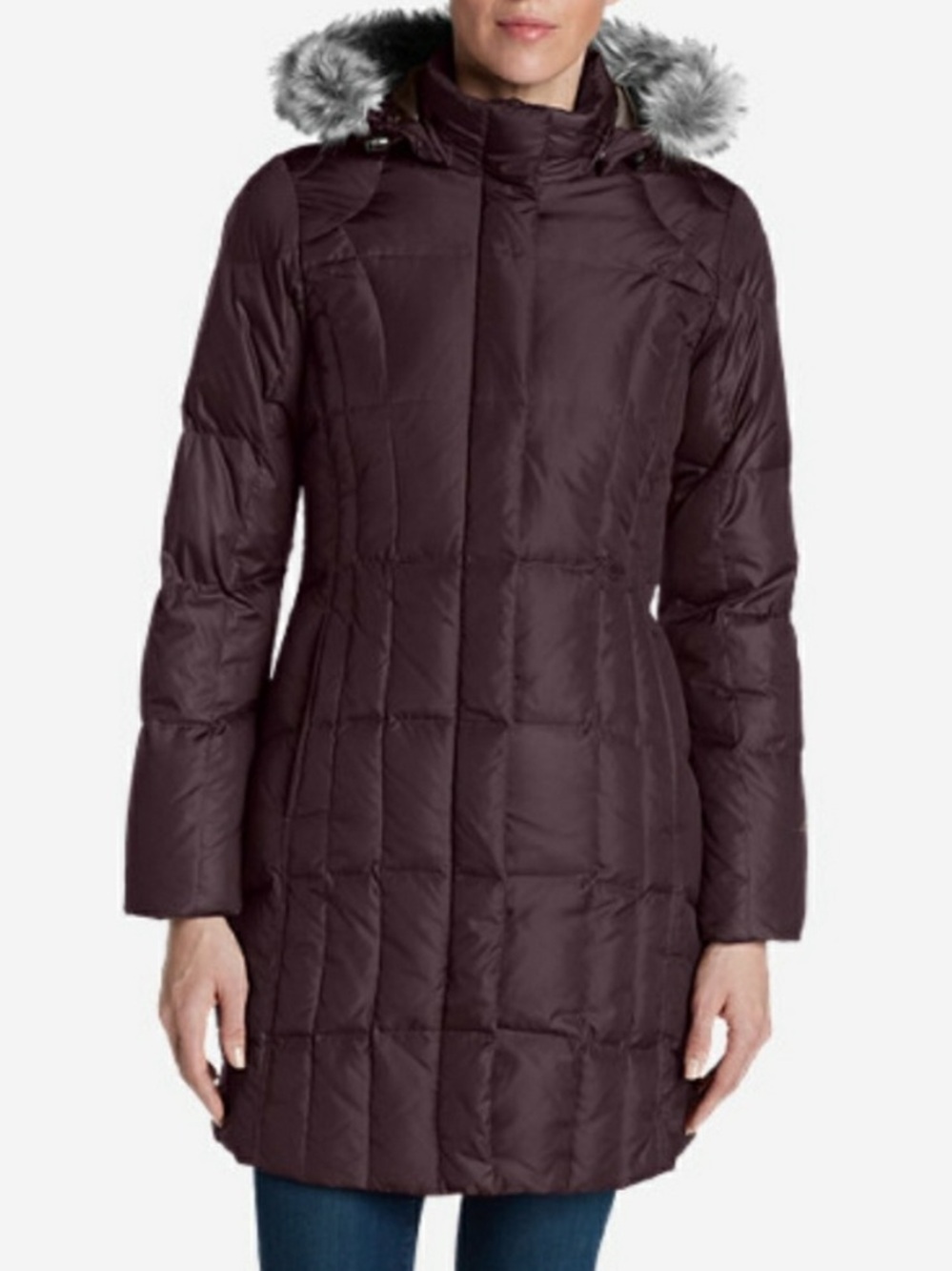 Eddie Bauer Waterproof 650 Fill Down Lodge Dark Mulberry Puffer Parka Faux Fur S